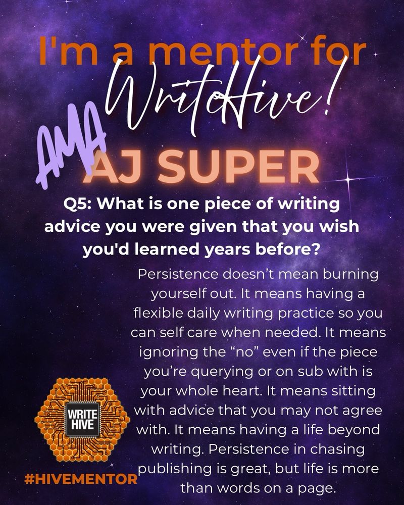 A purple starry background with white, orange, and purple text. With the WriteHive logo.
