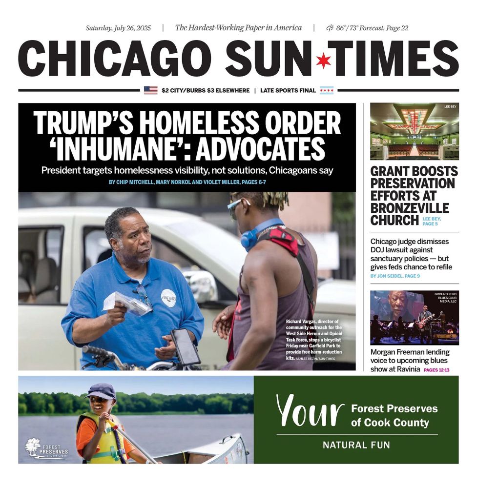 The cover of a Chicago Sun-Times newspaper with the headline “Trump’s homeless order ‘inhumane’: advocates”