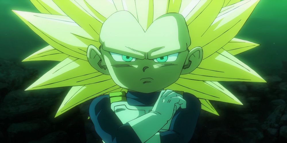 Vegeta with a stern look on his face. His hair is noticeably longer and more spiky, and he has finally mastered the transformation into Super Saiyan 3.