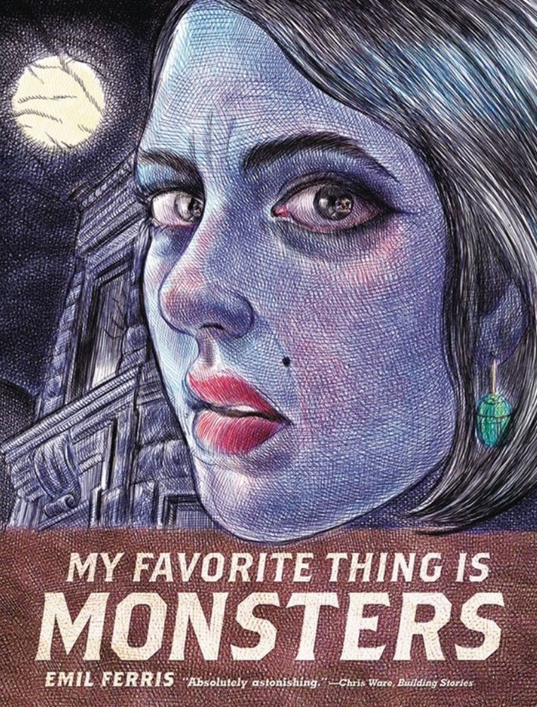 Cover art for My Favorite Thing Is Monsters by Emil Ferris. A ballpoint ink portrait of a woman with blue-tinted skin, red lips, and long, dark hair shows her looking toward the camera with her face turned slightly to the side. In the background is a full moon, creepy tree branches, and a creepy looking apartment building.