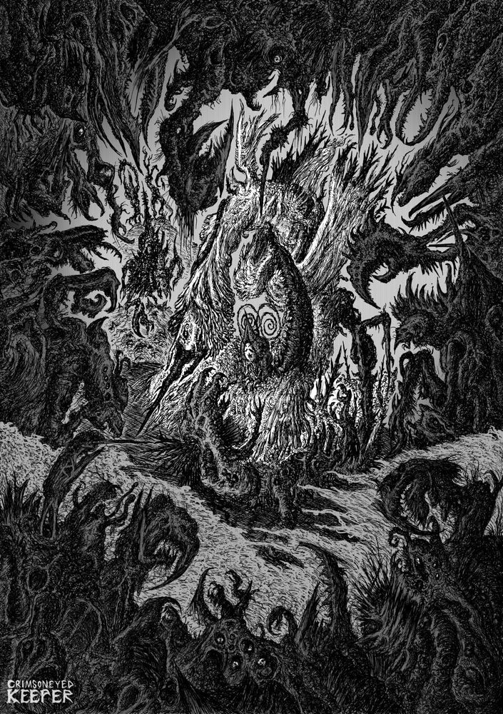 Depicted in black and white gray scale, the vertical frame of the illustration is surrounded by a horde of twisted, jagged crab-like mutants in a foggy dark cave. A central large, feathery parasite bursts out from a crab mutant, stabbing it with barbed spikes as she brandishes more spikes against the horde. Guarded by her large mantis blade-like tail, a lone beetle-like humanoid, with a rounded shell curving into a pointy tip and curly antennas, watches on in desperate hope. 