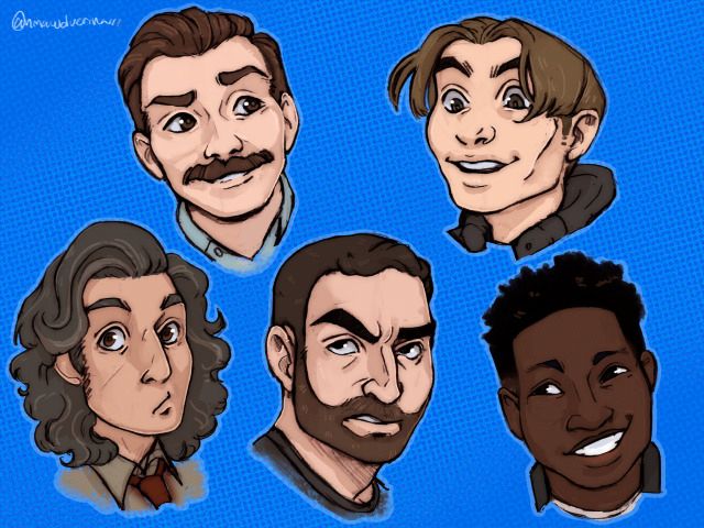 Five portrait drawaings of Ted Lasso characters on a blue background. Ted, Jamie, Trent Crimm, Roy Kent and Sam Obisanya