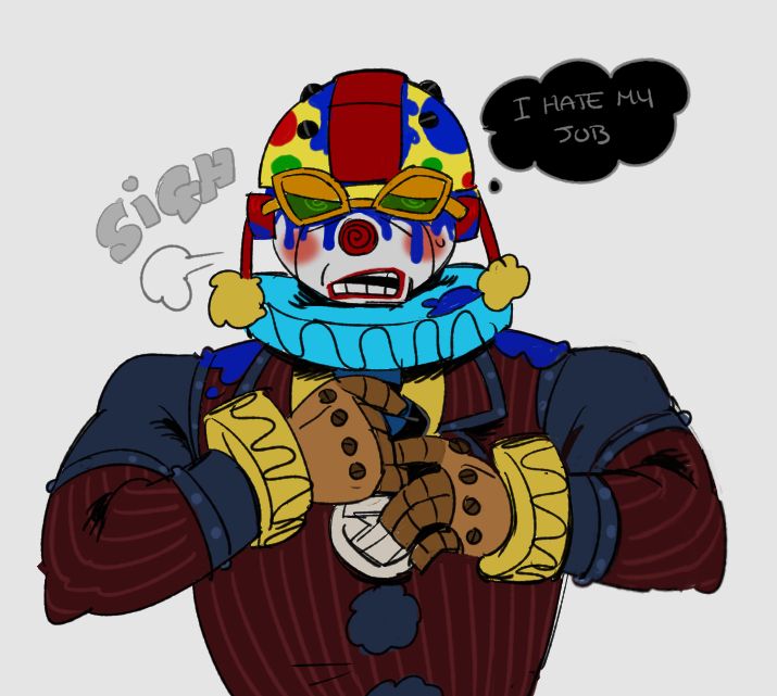 Colored sketch of Derrick Man in his Halloween costume, a clown. He's sighing and thinking to himself, "I hate my job"