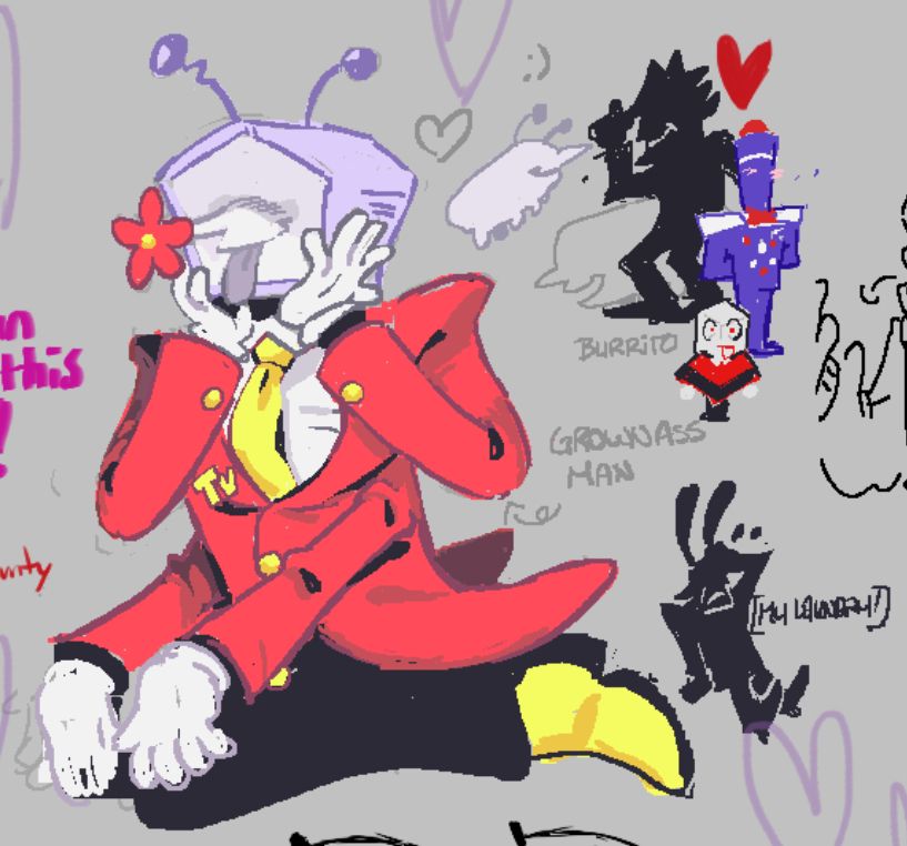 Tenna sitting cutely with four arms. Bottom two are grabbing his knees. Top two are holding his gleeful face, sticking is tongue out. He has a flower at the end of his nose.

There are various doodles of simplified Tenna, pippin, zapper, and shadowguys off to the right.