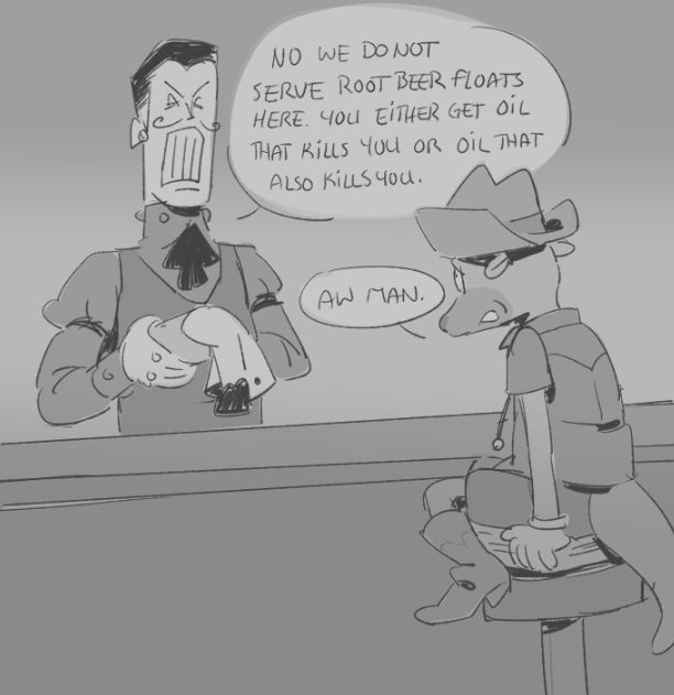 A bartender cog (based on mover & shaker) and kangaroo toon at the bar.
Bartender: "No, we do not serve root beer floats here. You either get oil that kills you or oil that also kills you."
Toon: "Aw man."