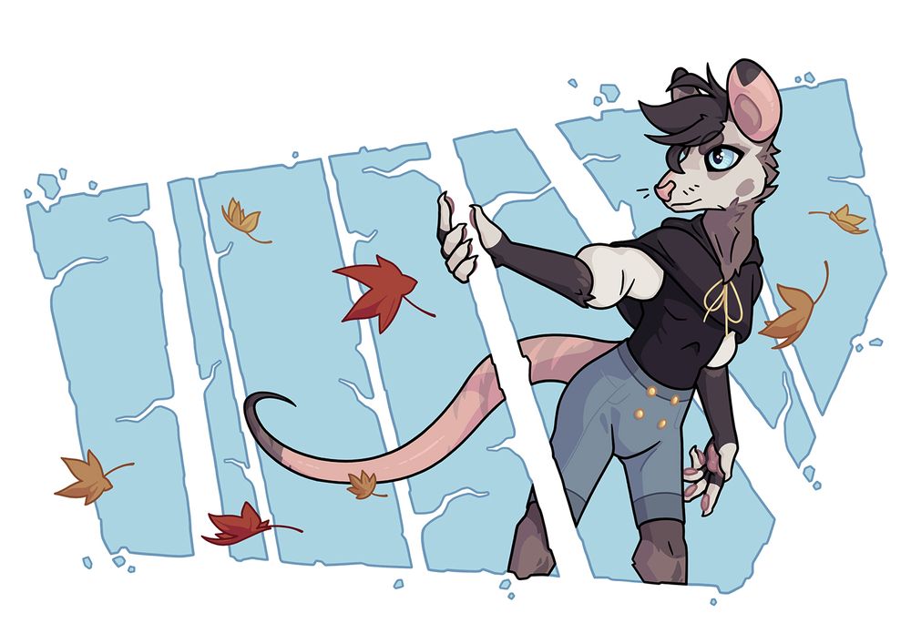 digital illustration of a male anthro opossum walking between narrow tree trunks, with leaves blowing in the wind.