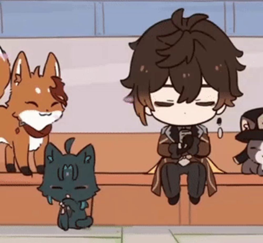 a cartoon of a boy sitting on a bench with a cat and a fox .