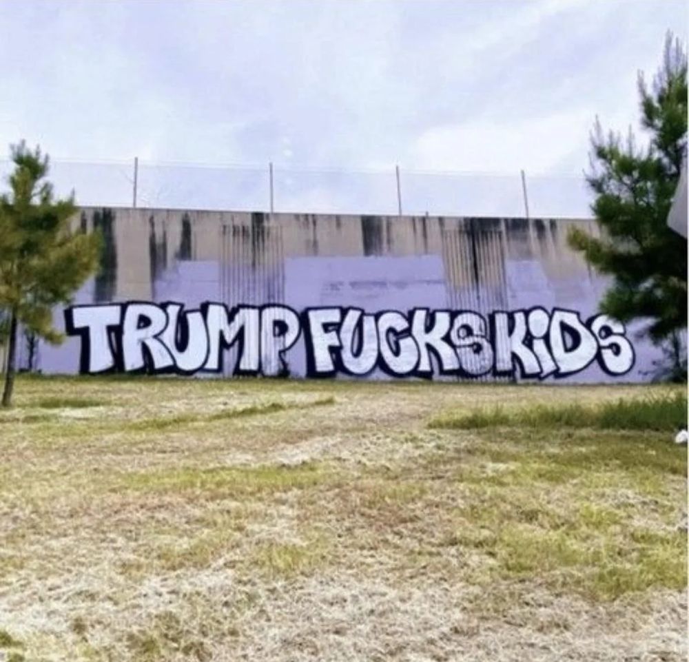 Graffiti spraypainted on wall that says "TRUMP FUCKS KIDS" 