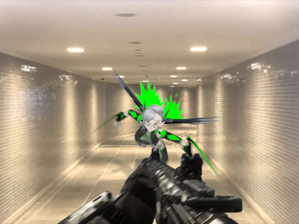 Jade, a winged mecha-musume, flies down a liminal hallway towards the viewer, who is trying to bring an assault rifle to bear. Jade's mantis blades are exposed and it's covered in blood, and blood splatters are visible on the floor and wall behind it
