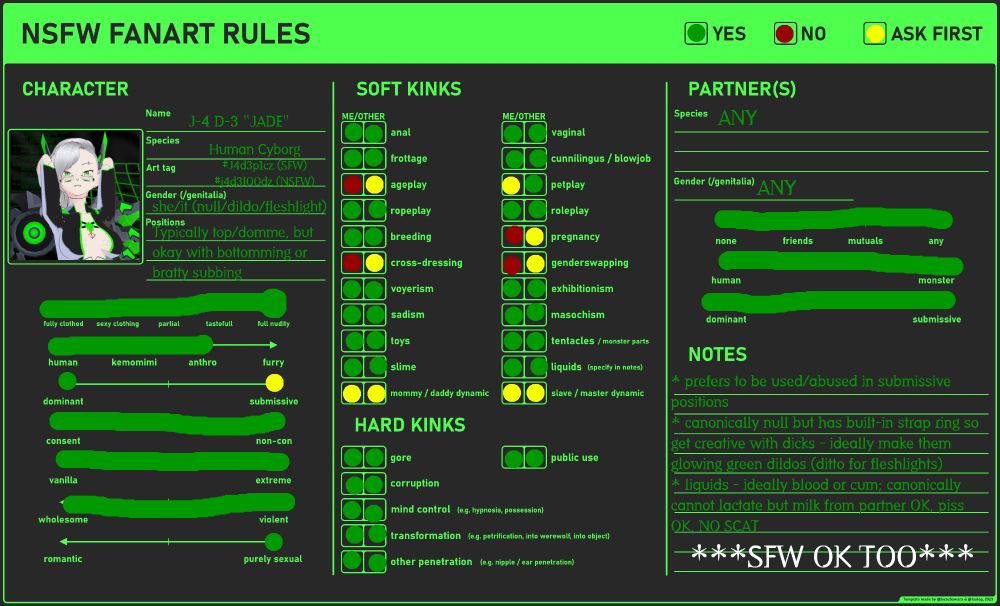 NSFW fanart rules for Jade. Long story short, she's up for just about anything, but it's always better to ask for clarification - so don't be afraid to ask her about any art you want to make, whether it be SFW or NSFW, in her DMs!