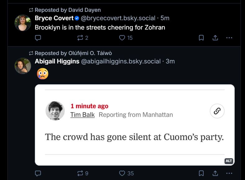 Two threads shared. The first one by Bryce Covert says "Brooklyn is in the streets cheering for Zohran" followed by another thread from Abigail Higgins with a sad emoji quoting Tim Balk "reporting from Manhattan" saying "The crowd has gone silent at Cuomo's party."
