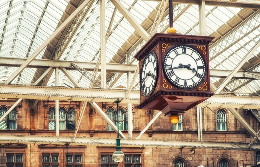 The clock hanging in Glasgow's central station