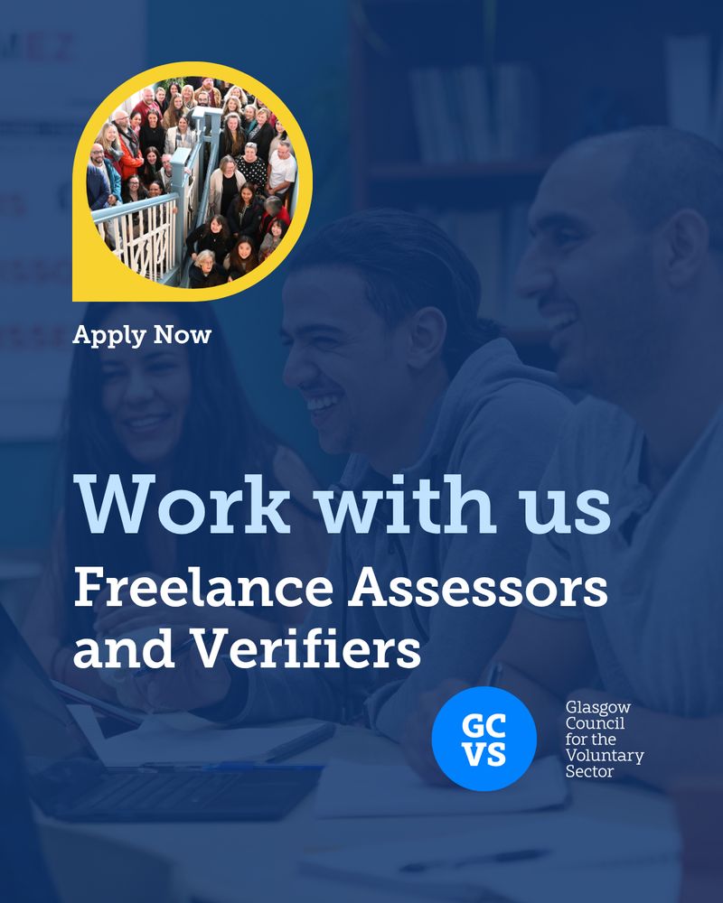 A dark blue banner shows people in a training room and says work with us. A yellow bubble to the right also has a photo of the GCVS team