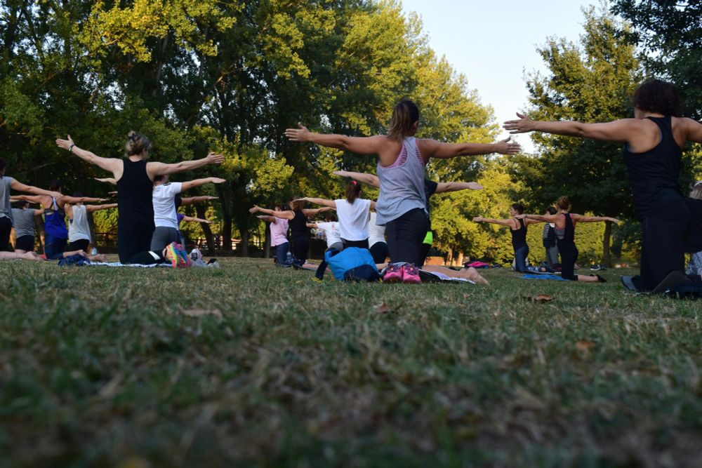 large group of women doing exercise outside with the sun shining