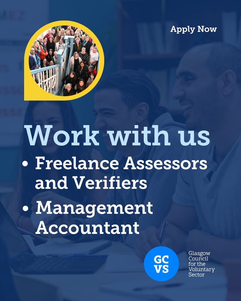 Work with us banner shows a picture of GCVS staff in the corner. 2 bullet points read Freelance Assessors and Verifiers, and Management Accountant