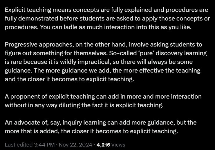 Explicit teaching means concepts are fully explained and procedures are fully demonstrated before students are asked to apply those concepts or procedures. You can ladle as much interaction into this as you like.

Progressive approaches, on the other hand, involve asking students to figure out something for themselves. So-called ‘pure’ discovery learning is rare because it is wildly impractical, so there will always be some guidance. The more guidance we add, the more effective the teaching and the closer it becomes to explicit teaching. 

A proponent of explicit teaching can add in more and more interaction without in any way diluting the fact it is explicit teaching.

An advocate of, say, inquiry learning can add more guidance, but the more that is added, the closer it becomes to explicit teaching.