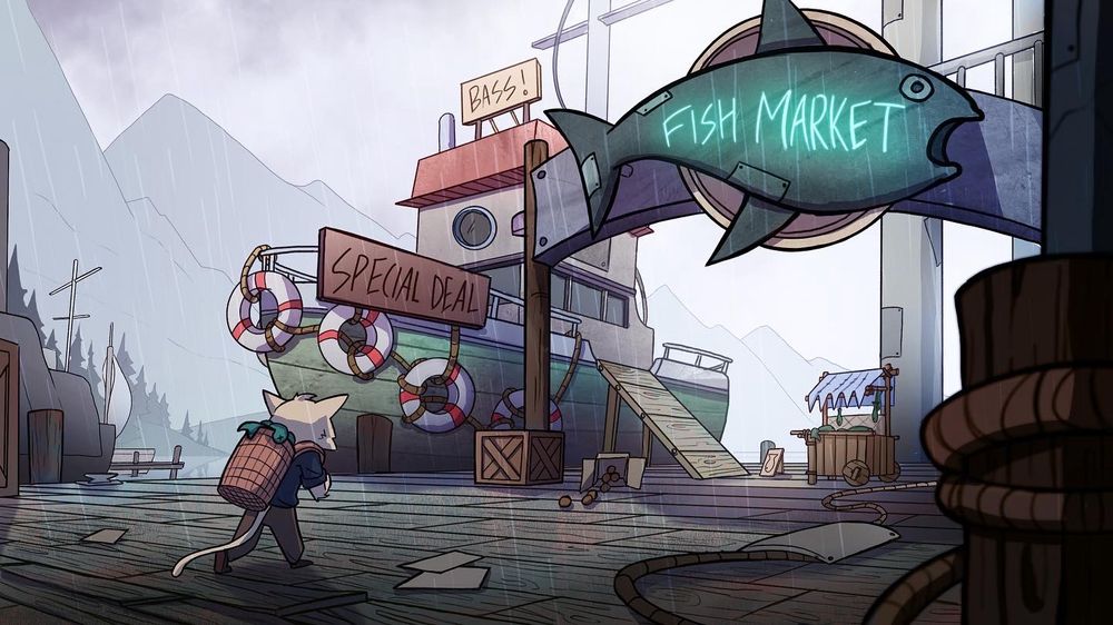 A cat walking through a fish market