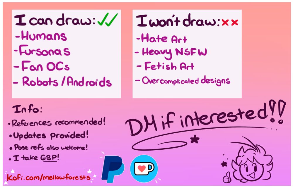 I can draw! ✅
-Humans
-Furries
-Fan OCs
-Robots/Androids

I cant draw! ❌
-Hate Art
Heavy NS//FW
-Fetish Art
-Over complicated Designs

Info:
References recommended!!
Updates Provided!!
Pose refs are welcome!
I take GBP!

I take Pay//Pal and KoFi!
