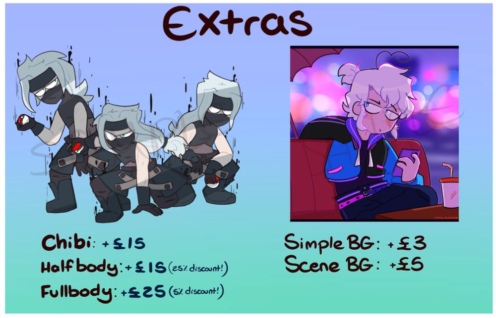 Extras: (approx) ‼️

Chibi: +£15
Halfbody: +£15 (25% discount!)
Fullbody: +£25 (25% discount!)

Simple BG: +£3
Scene BG +£5