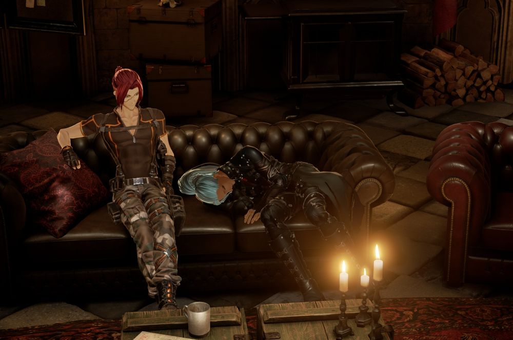 A screenshot of Code Vein with a custom player character on the right dead asleep on a couch in the hub area with an npc companion watching on the left. It is awkward.