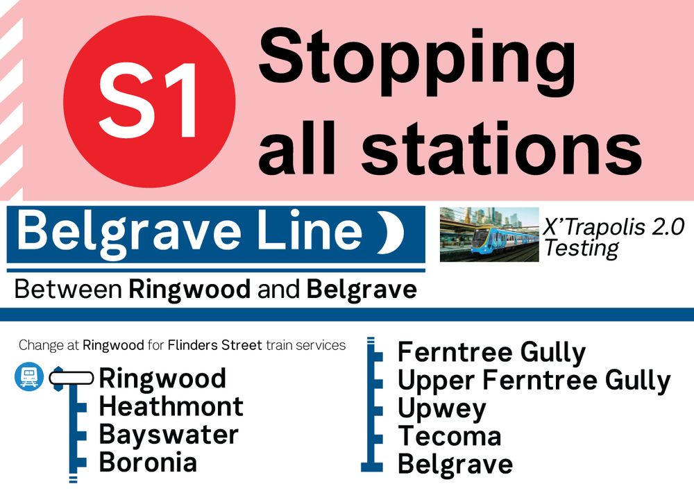A3 sized sign explaining that this replacement bus will stop at all stations between Ringwood and Belgrave. The stations listed are: Ringwood, Heathmont, Baywater, Boronia, Ferntree Gully, Upper Ferntree Gully, Upwey, Tecoma and Belgrave.