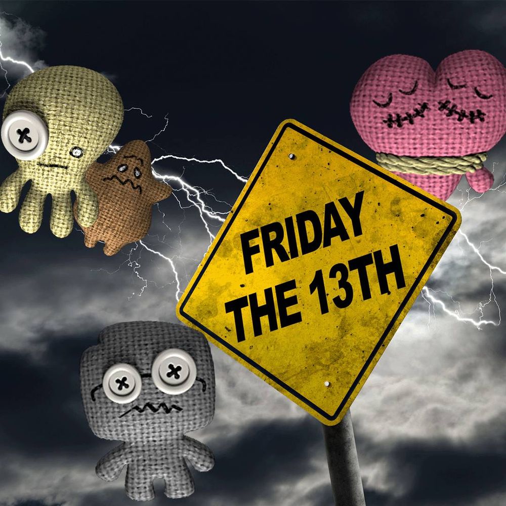 A yellow street sign with the text "FRIDAY THE 13TH" with a dark and stormy sky and the Trivia Murder Party 2 dolls.