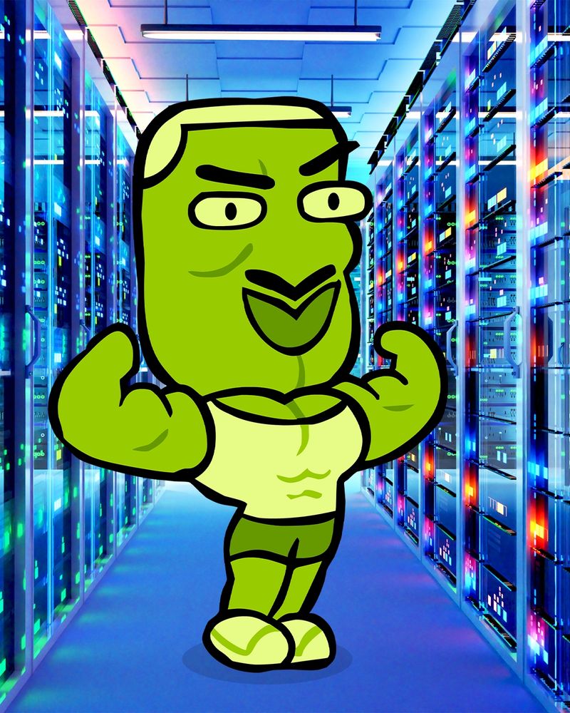 The green roomie from Roomerang flexing in a large server room