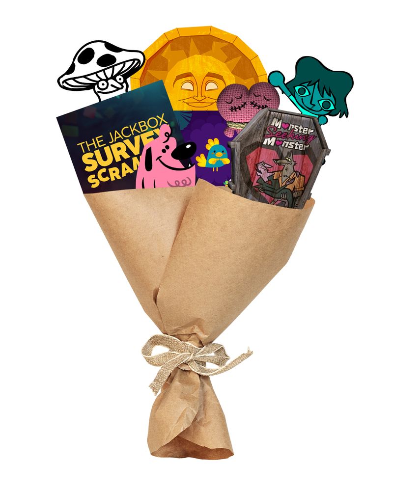 A bouquet of Jackbox party games and characters wrapped in brown paper with a bow