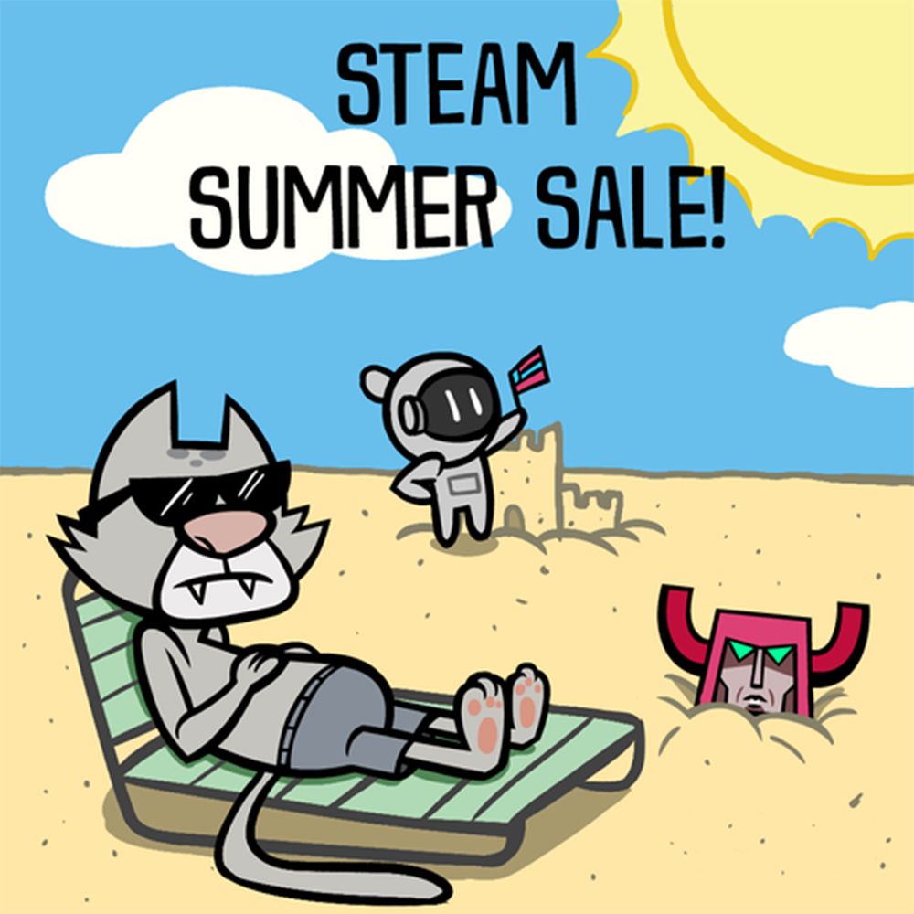 A summertime beach scene where Mayo sunbathes on a beach chair, a Zeeple Dome character builds a sand castle, and a robot from Mad Verse City is buried in the sand. It reads "Steam Summer Sale!"