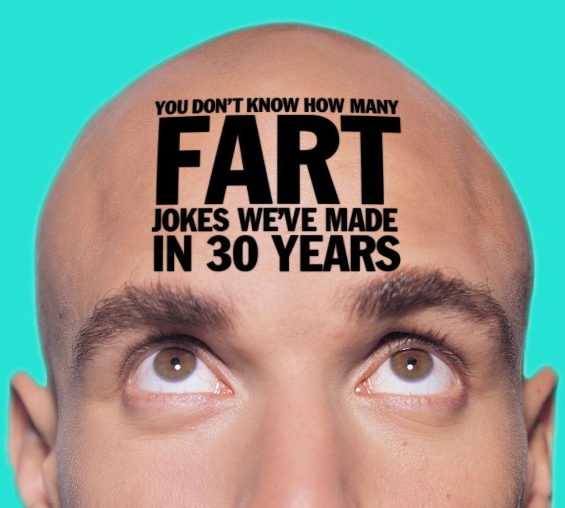 The Jackbox Head with "YOU DON'T KNOW HOW MANY FART JOKES WE'VE MADE IN 30 YEARS" on his forehead