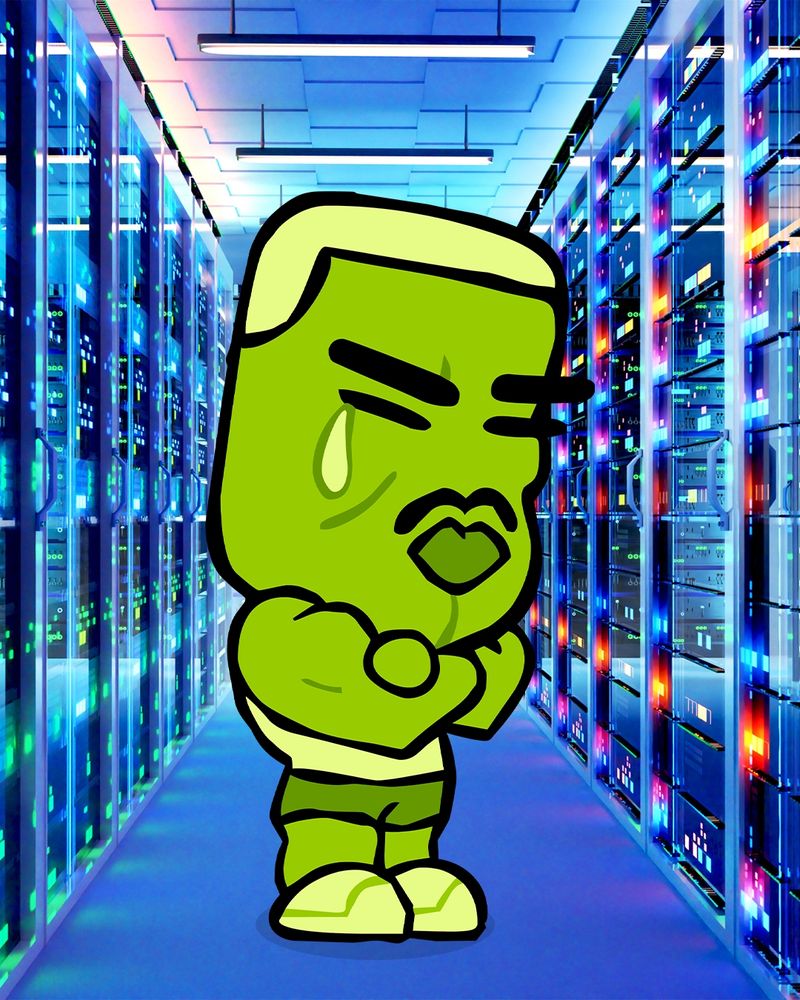 The green roomie from Roomerang cries with his arms crossed in a large server room.
