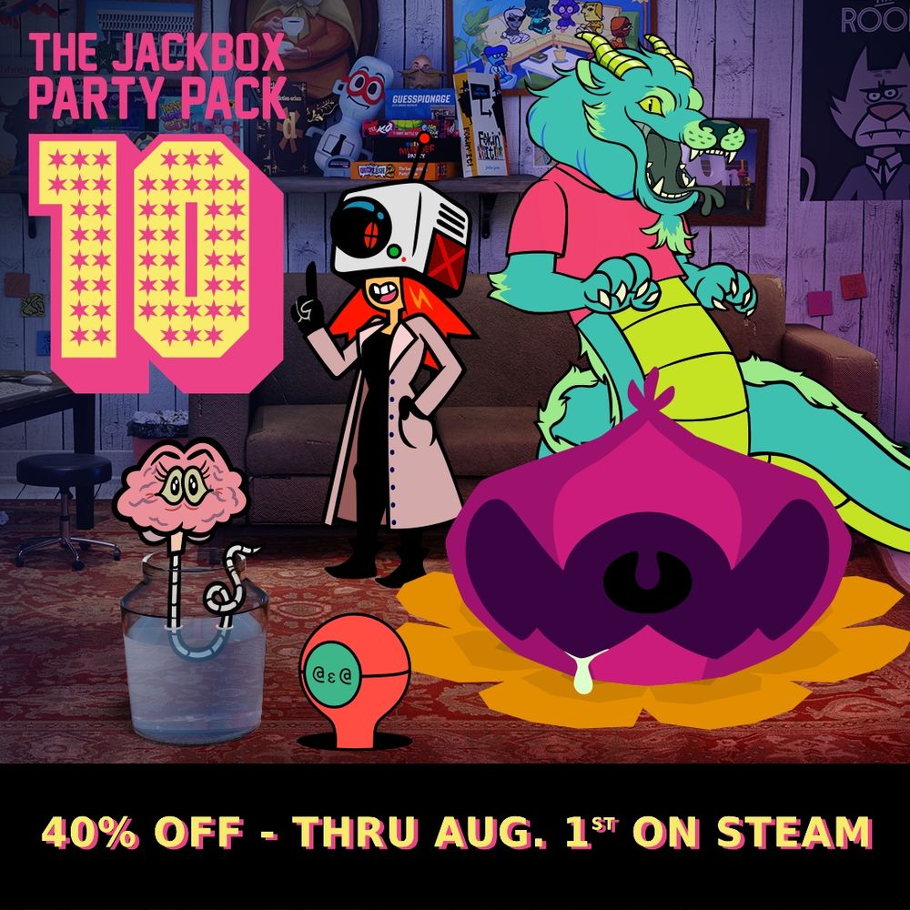 Party Pack 10 game art and logo with the text "40% off - Thru Aug. 1st on Steam"