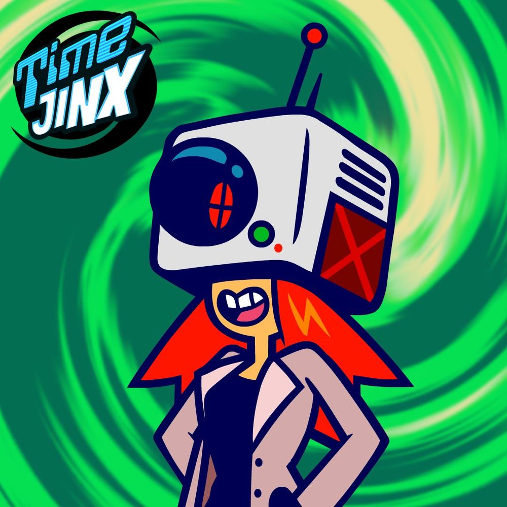 Jerri Rigg, a white woman with red hair and a machine covering the top of her head stands in front of a green swirly background with the logo for TImejinx