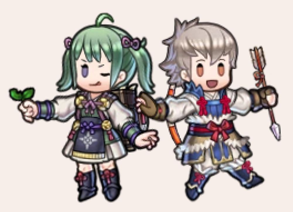 Quick posed sprites of Midori and Kiragi, with Midori holding a herb in her hand signature wink to show it off, while Kiragi happily running with arrow in hand and bow behind him! both happy in their own ways!! 🥹