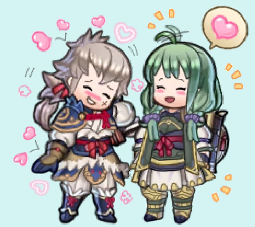 Quick posed sprites of Timeskip Midori and Kiragi from FE Fates! Midori told Kiragi something very loving/nice and Kiragi is very happy to hear it, if a bit fluster by it!! In fact, both are happy being with each other! 🥹💚💙