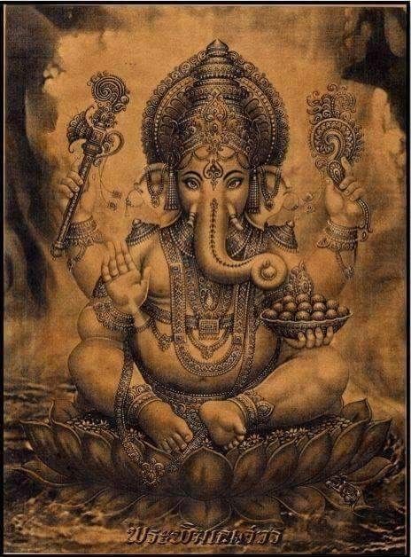 Picture of Ganesha, the elephant-headed Hindu deity, son of Siva, beloved as the remover of obstacles, and with his lower right hand in the gesture of blessing.
