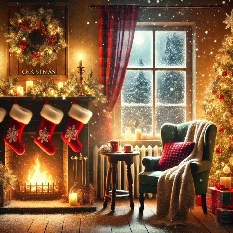 Cozy Christmas scene. Indoors. Fireplace with stockings. Chair with blanket. Christmas tree. Red and green decor. 