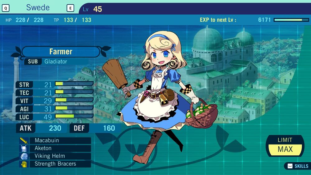 Etrian Odyssey III HD screenshot of a Level 45 farmer with 230 ATK.