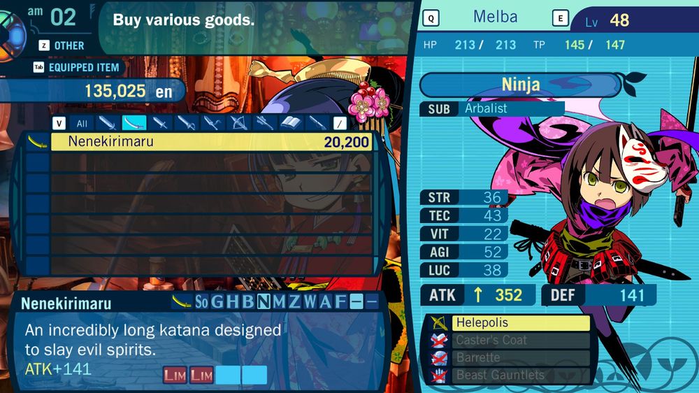Etrian Odyssey III HD screenshot of the shop showing a katana would boost a level 48 Ninja to 352 ATK.