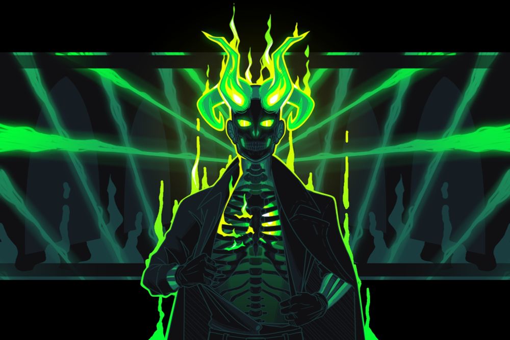 A skeletal demon in green flames reveals its ribs and a flaming heart