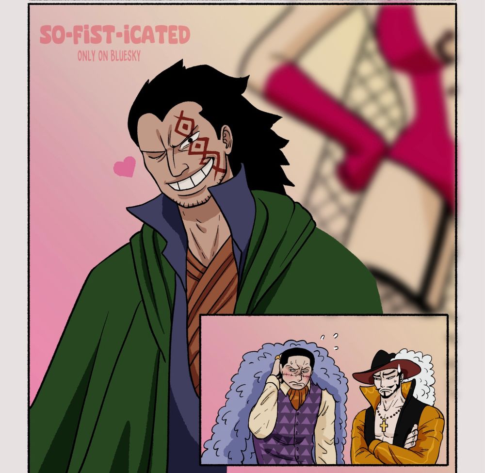 Panel 5, Dragon standing in front of Ivankov; grinning and winking at Crocodile. 
Panel 6, Crocodile being bashful and blushing in response while Mihawk watches silently but with judgement. 