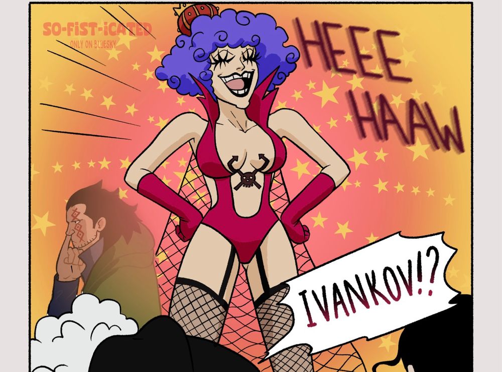 Panel 2, a colour shit of Ivavkov in his female form screaming HEEHAAE. And Mihawk gawking “IVANKOV!?”
