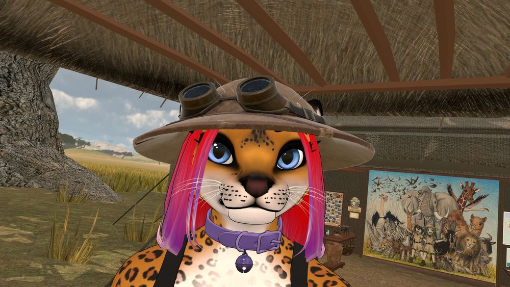 Panthfelis wearing a safari hat standing in a camp tent on the Savannah~