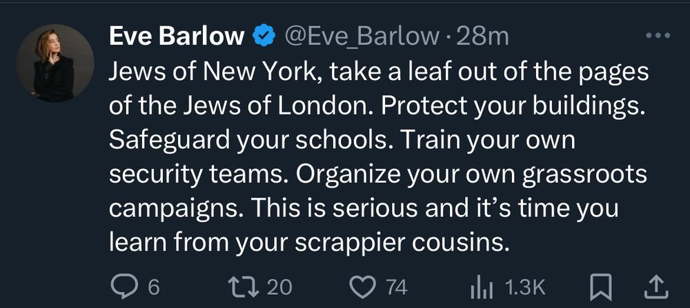 @Eve Barlow . 28m
Jews of New York, take a leaf out of the pages
of the Jews of London. Protect your buildings.
Safeguard your schools. Train your own
security teams. Organize your own grassroots
campaigns. This is serious and it's time you
learn from your scrappier cousins.

Eve Barlow