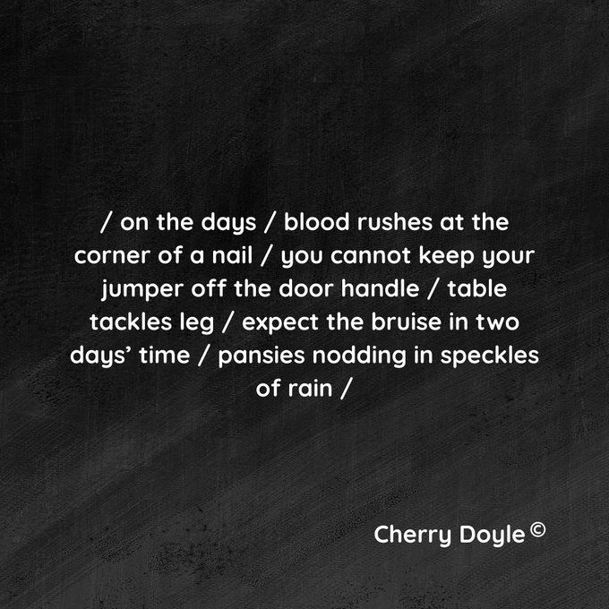 A poem titled by Cherry Doyle describing fleeting moments of discomfort and anticipation, with imagery like 'blood rushes at the corner of a nail,' 'jumper caught on a door handle,' and 'pansies nodding in speckles of rain.' The text is displayed in a clean, minimalist design.