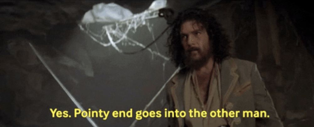 Antonio Banderas in training to be Zorro.

Yes. Pointy end goes into the other man.