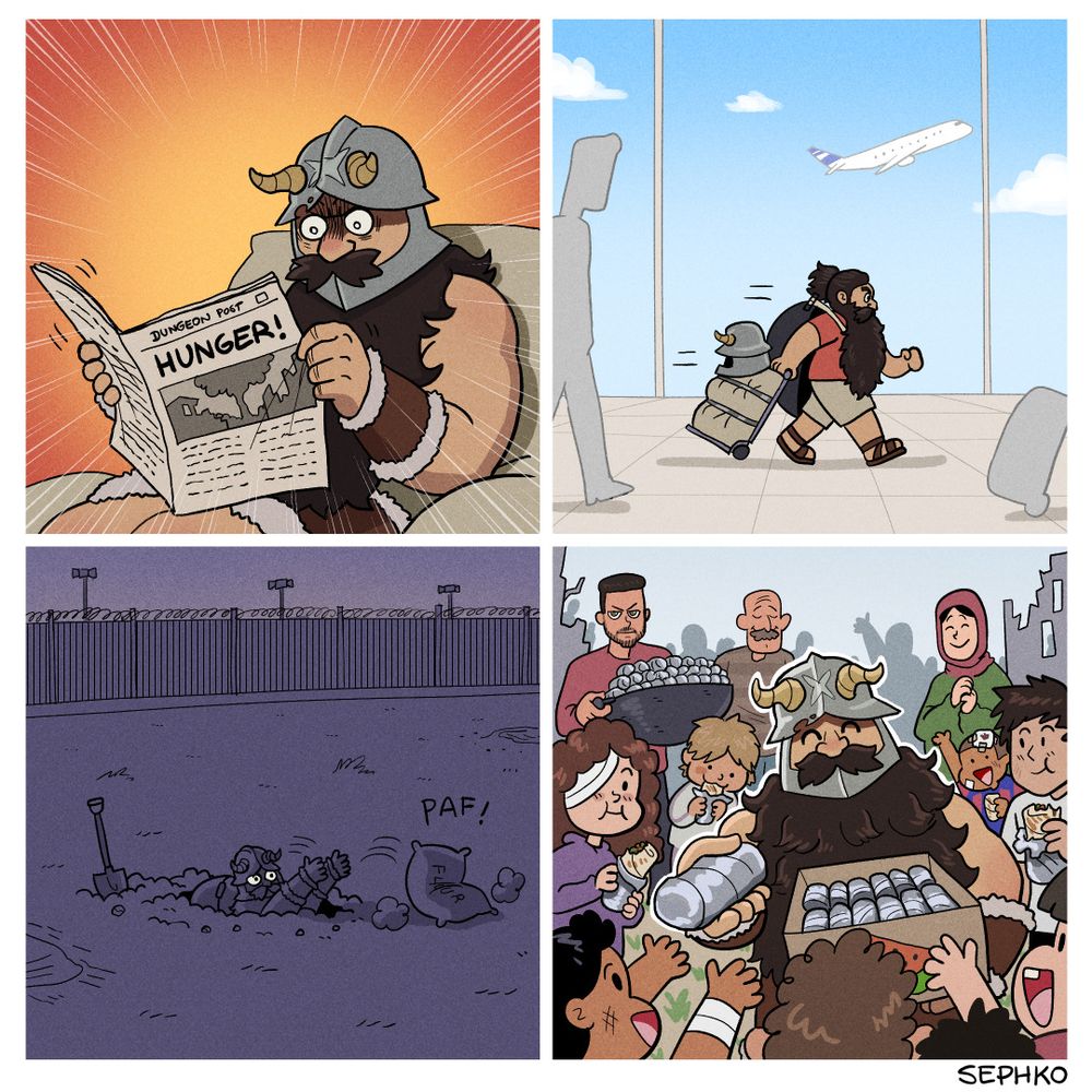 A four panel comic by Sephko. Senshi, a hirsute dwarf adventurer with a passion for cooking and making sure everyone is well fed, travels to Palestine after reading about hunger in the newspaper. He's handing out wraps.