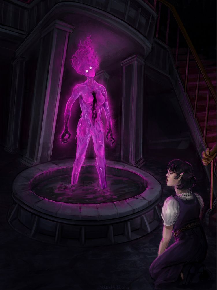 A woman made of purple flames, with blackened hands and dark ichor dripping from a hole in her chest. She stands in an old abandoned fountain, casting purple light upon her devoted follower. 