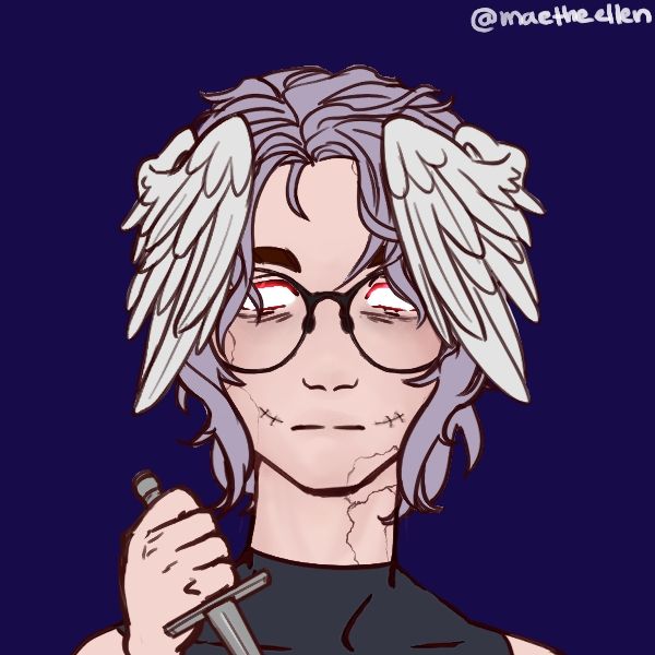 angelkin with short purple hair, white head wings, cracks on their skin, glowing white eyes, and a knife in hand