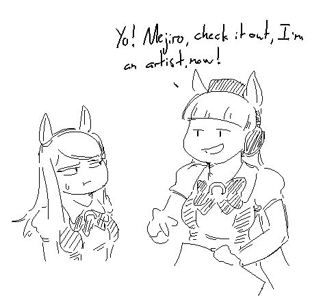 "Yo! Mejiro, check it out, I'm an artist now!" says Gold Ship from Umamusume: Pretty Derby. She's pointing at paper in her hand. Mejiro McQueen, also from Umamusume, is looking at Gold Ship with concern.